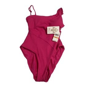 Becca Fine Line Ribbed One Shoulder One Piece Swimsuit Dragonfruit Pink Small